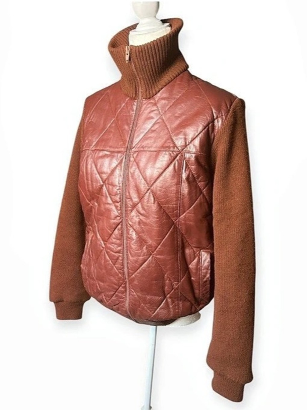 Sears Tradition Genuine Leather Quilted Knit Sleeve Jacket Brown